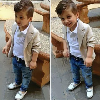 3pçs Casaco + Camisa + Calças Jeans Estilo Cavalheiro Para Meninos De 2-8 Anos