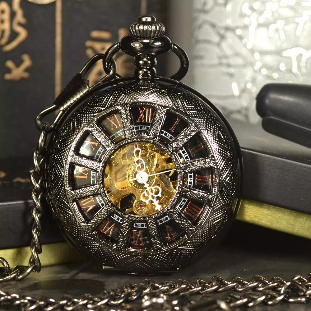 TIEDAN Preto Steampunk Esqueleto Relógio Mecânico De Bolso Masculino Marca Luxuosa Antiga