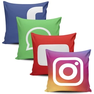 Kit 4 Capas de Almofada Rede Social Instagram You Tube WhatsApp Decorativas Sala Quarto Escritório Consultório Blogueira