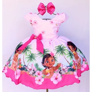 Vestido Infantil Para Festa Luxo Moana Rosa Baby E Tiara
