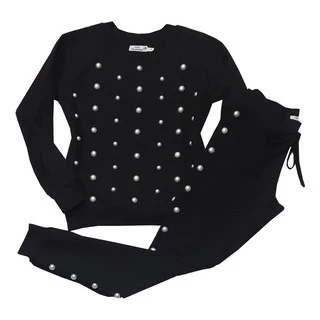 Conjunto Feminino Moletom Bordado Pérola - Casaco E Calça Jogger Confy Confortável Grosso Moda Inverno