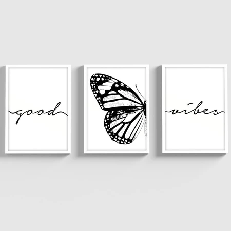 Kit Quadros Decorativos Mosaico 3 Peças Trio Frase Good Vibes Borboleta Modular Minimalista Arte Desenho Vintage Moldura Presente Cozinha