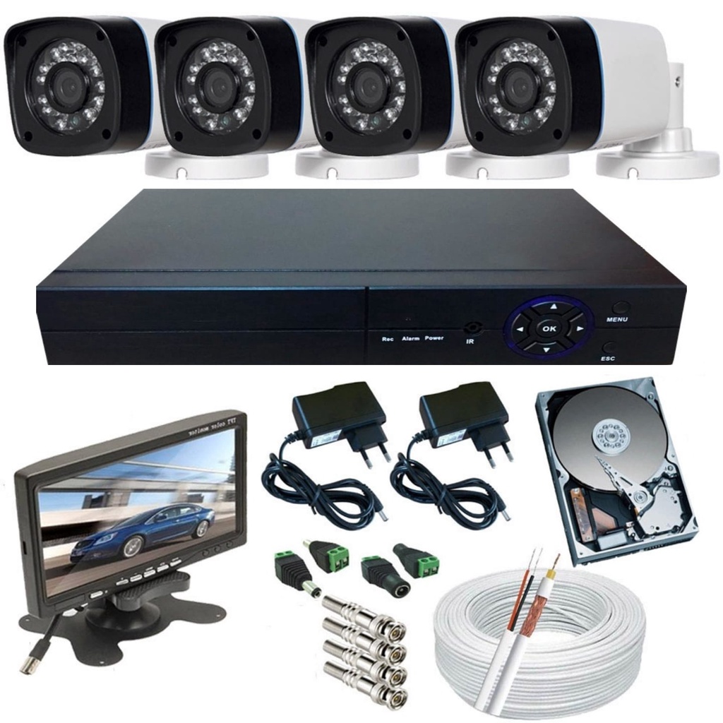 Kit Vigilância 4 Câmeras Infra Hd 720p 1.O Megapixel Dvr 4 Canais + Monitor 7 polegadas