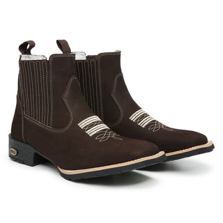 Bota Botina de Trabalho Lida Masculina Country Texana Colada e Costurda Bico Quadrado Couro Bovino Legitimo