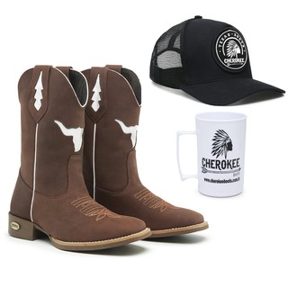 Kit Country Masculino Bota Texana Touro Bico Quadrado Couro Bovino + Bone e Caneca