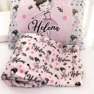 Kit manta personalizada + travesseiro bebê bailarina com nome da sua escolha cueiro fleece 100x75cm