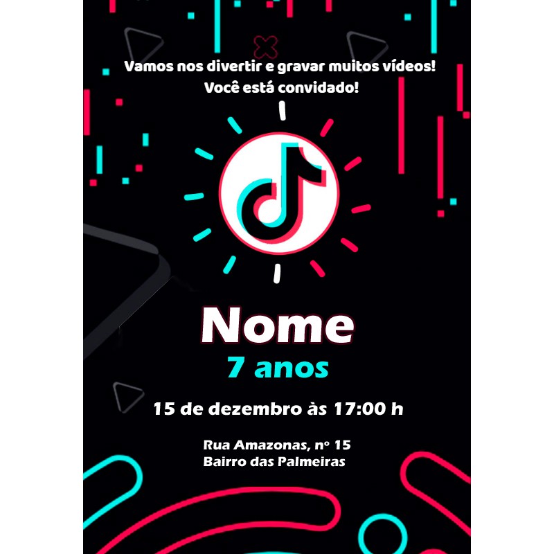 10 convites de aniversário personalizado Tik Tok 01 Escorrega o Preço