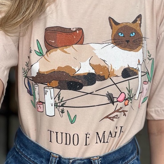 Blusa Camiseta Feminina Algodão Gatinho Wicca - Cáqui