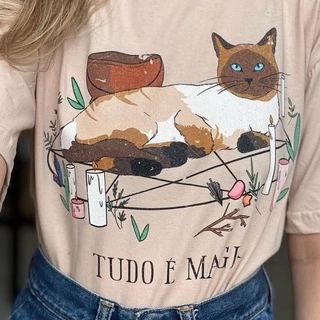 Blusa Camiseta Feminina Algodão Gatinho Wicca - Cáqui