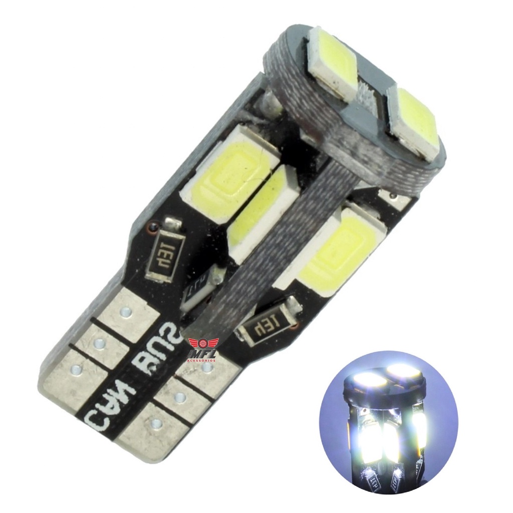 Kit 10 Lampada T10 Cambus 10 Led Canceller W5w Branco 12v | Shopee Brasil