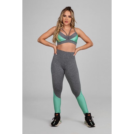 Calça legging fitness bicolor com tela nas laterais mescla com