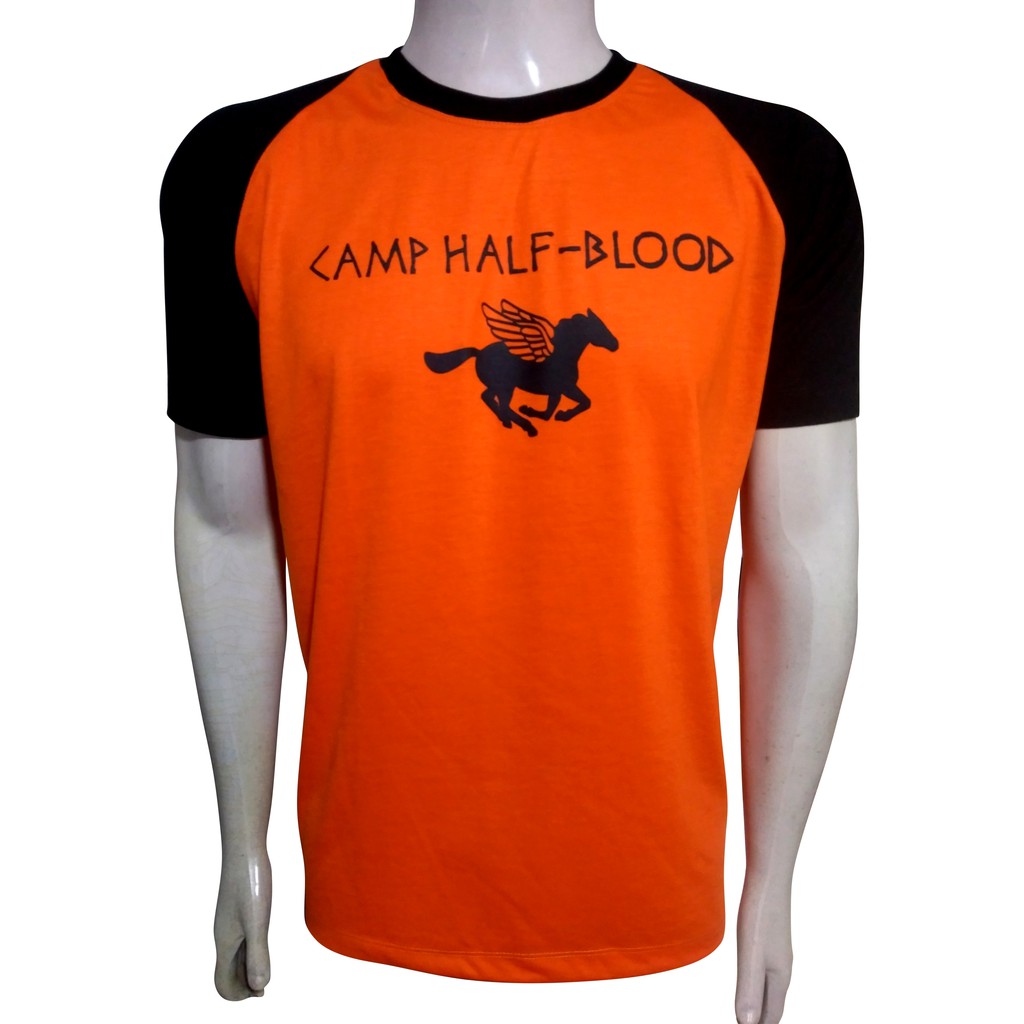 Camiseta Raglan Camp Half Blood / Acampamento Meio-Sangue / Percy Jackson - Cor Laranja Manga Preta
