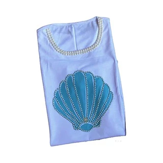 Camiseta Baby Look Tshirt Concha ou Cauda Sereia - Infantil ou Adulto - Com pérolas