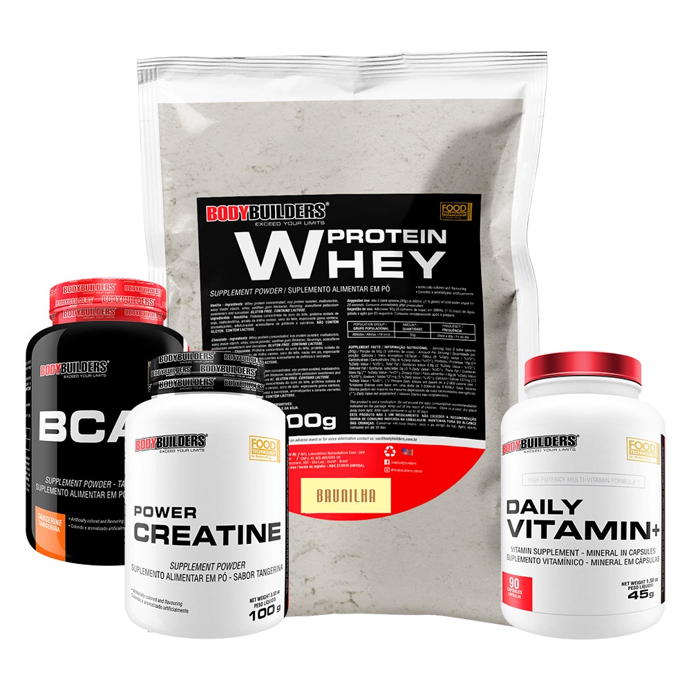 KIT Whey Protein Concentrado em Blend Proteico 500g + Power Creatina 100g + BCAA 4,5 100g + Daily Vitamin + 90 cáps – Potencialização do Desempenho Físico – Bodybuilders