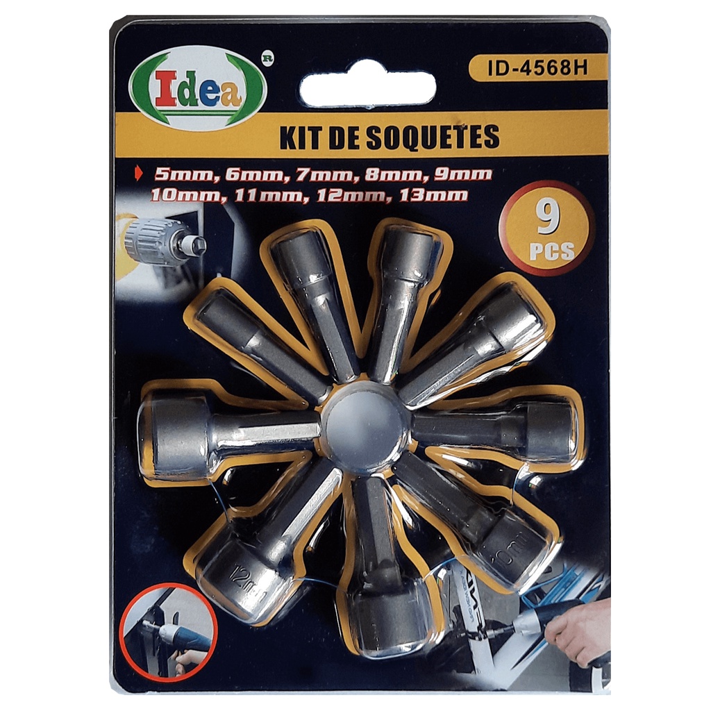 Kit 9 Soquetes Bits Ponteiras Sextavado Parafusadeira