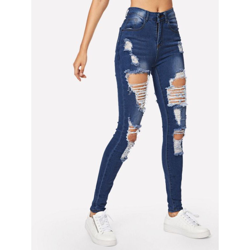 Calça jeans feminina skinny azul rasgada destroyed - HR Rihanna Fashion