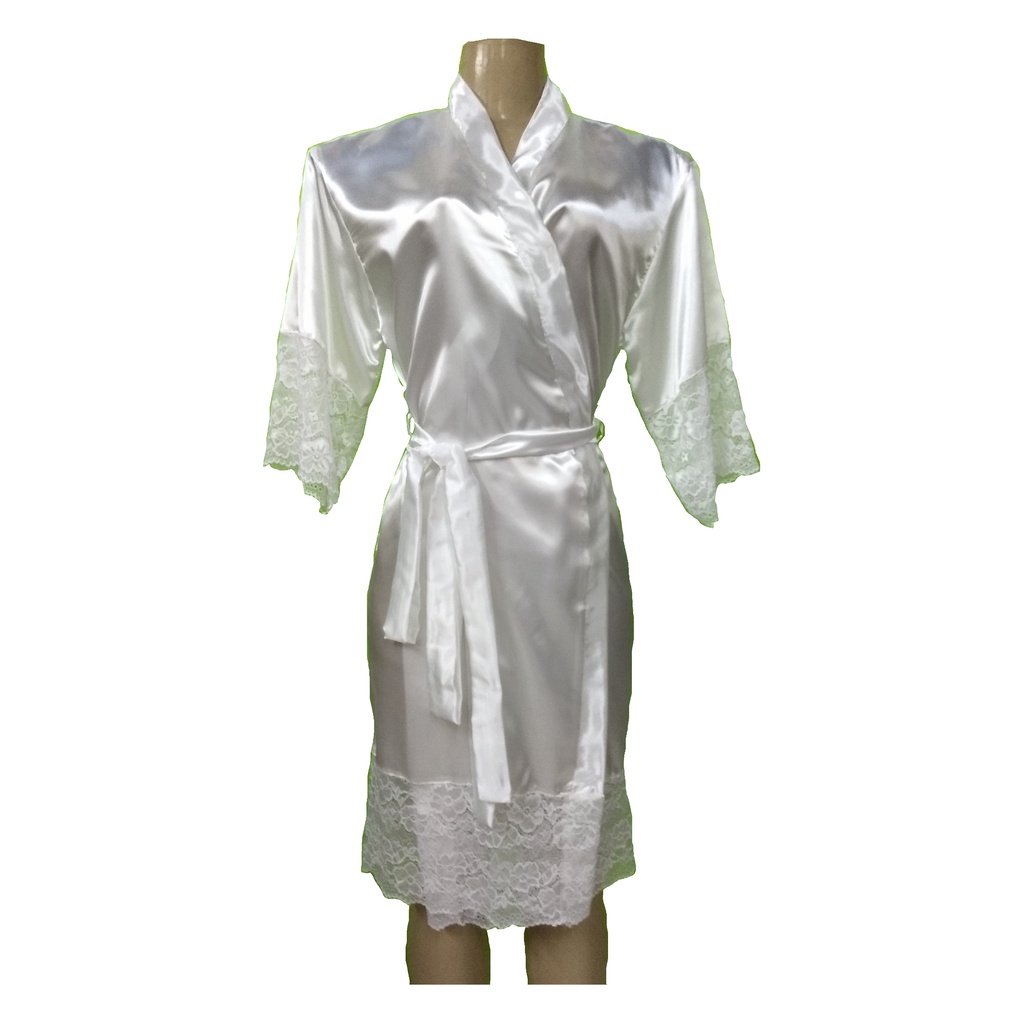 Robe Em Cetim Com Manga E Barra Com Renda Noivas Shopee Brasil 