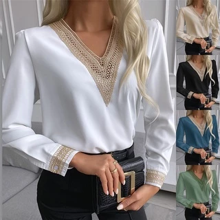 Office Lady Autumn New Solid Loose Tops Elegante Renda Em V Blusa Feminina De Manga Comprida Camisa De Seda Satin