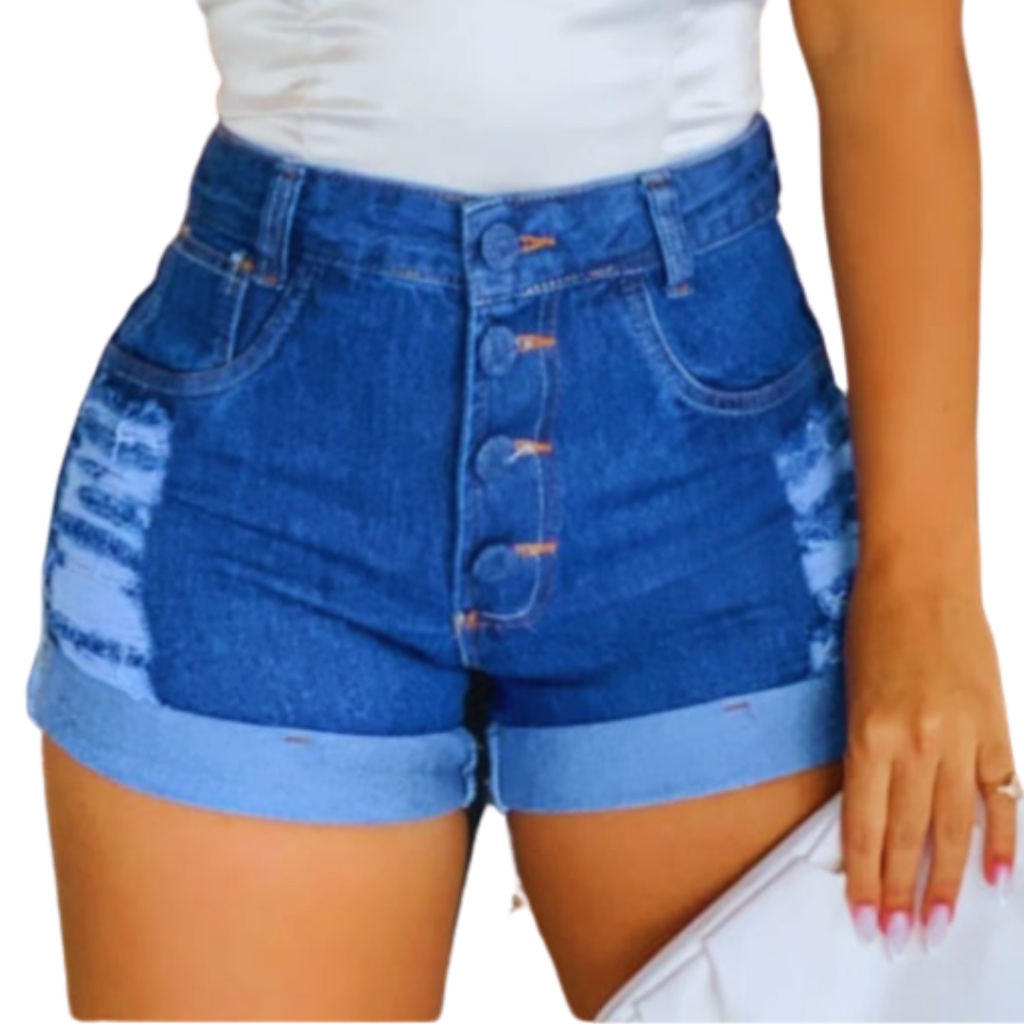 Short Jeans Feminino Cintura Alta Estilo Dia a Dia Moda - Azul