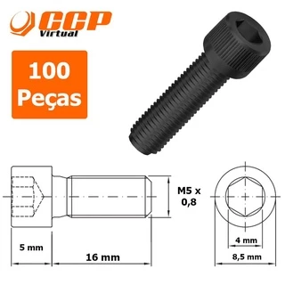 Parafuso Allen Aço Liga Cabeça Cilindrica M5 x 16 -100 Peças