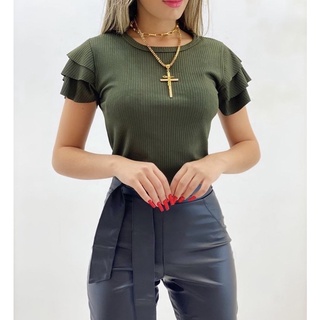 Blusas Femininas Decote Malha Canelada Promoção Moda Verão