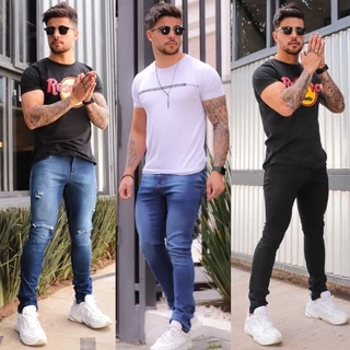 Calça Jeans Masculina Reta Preta Destroyed Rasgada Elastano