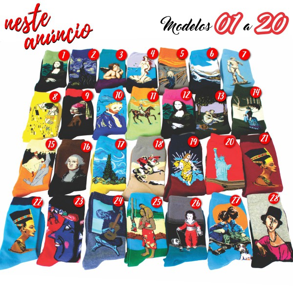 Meias Coloridas Divertidas Obras de Arte Clássicas Beijo Monalisa Grito Noite Estrelada Van Gogh Campo de Trigo Leonardo Da Vinci Davi Michelangelo