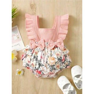 0-2 Anos de idade Recém-nascido Menina Recém-nascida Summer Pink Flying Side Strap Floral Romper Jumpsuit