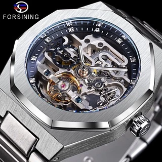 Forsining Relógio Mecânico Automático Tourbillon Esqueleto De Prata Relógios Luminosos De Aço Inoxidável