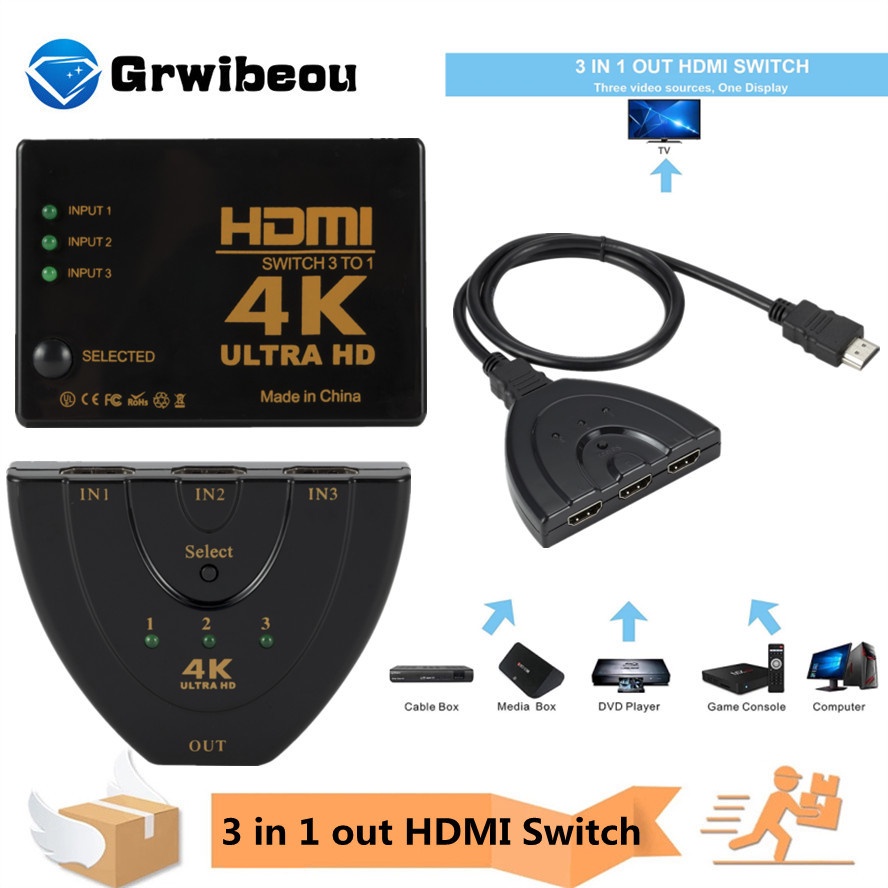 4kx2k 3D Mini 3 Portas HDMI Switch Conversível 1.4b 4K Switcher Splitter 1080P 3 Em 1 out Port Hub Para HDTV DVD Xbox PS3 PS4