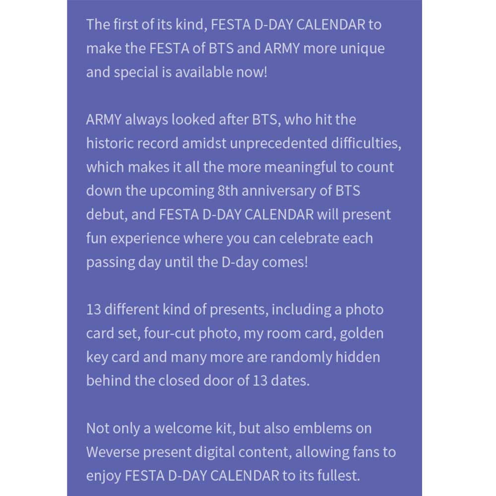 BTS FESTA D-DAY CALENDAR Celebration of The 8th Anniversary
