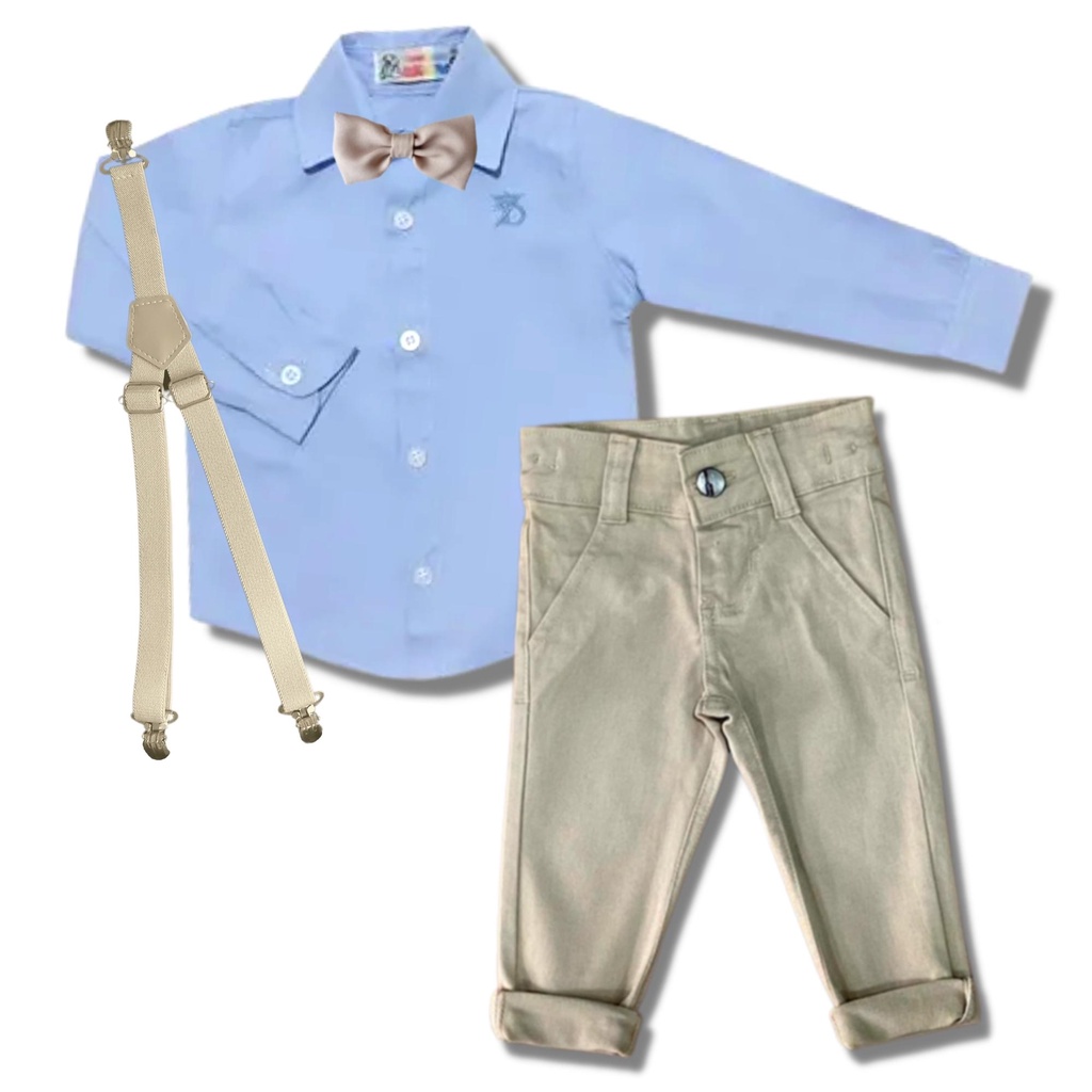 Conjunto Roupa Social Infantil Bebê Menino Suspensório e Gravata