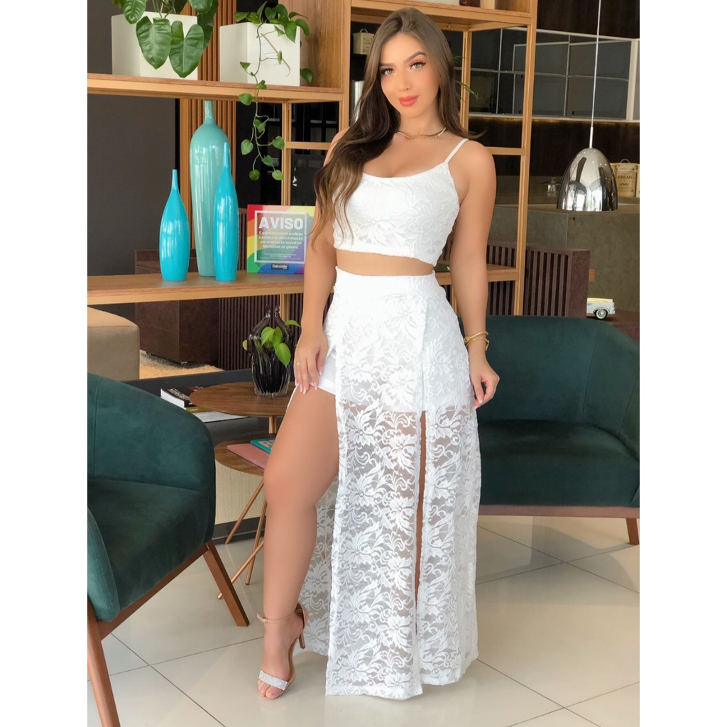 Saia longa e cropped de best sale renda branco