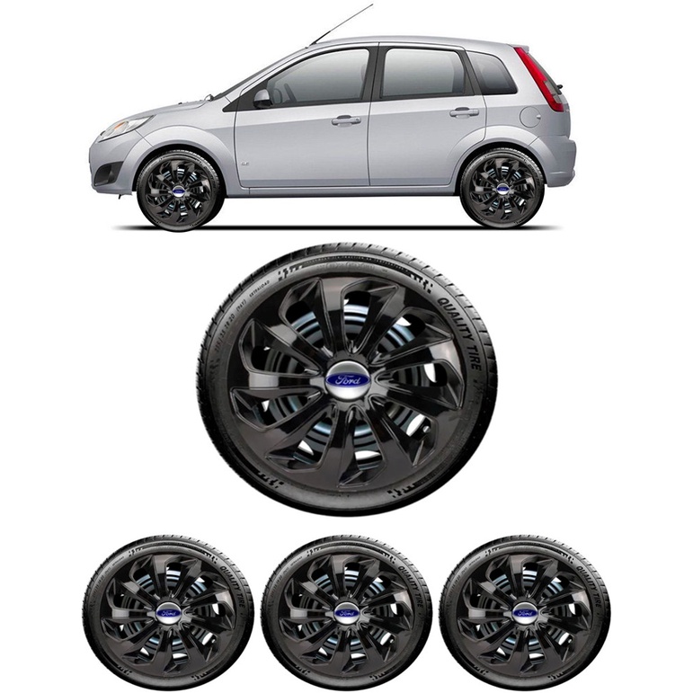 Jogo 4 Calotas Esportiva Velox Preto Brilhante Aro 14 Ford Fiesta 2002 2003 2004 2005 2006 2007 2008 2009 2010 2011 2012 13