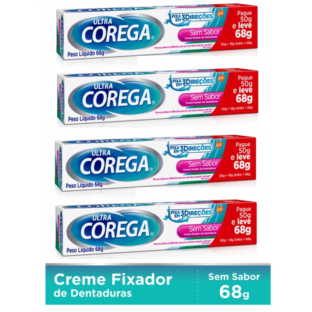 Kit Corega Ultra Creme Fixador de Dentadura Sem Sabor 4 Unidades 68g ...