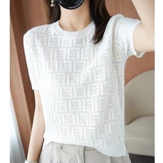Camiseta Feminina Verão Letras FF Malha Gelo Manga Curta Decote Redondo Blusa Elegante