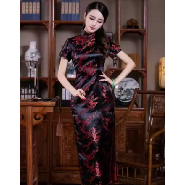 vestido oriental preto e vermelho chinês cheongsam com fenda lateral tamanho P 38