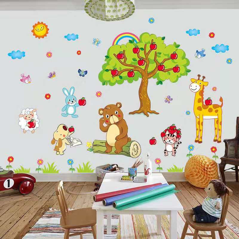 Colorido Adesivo de parede de árvore de macaco desenho animado infantil  decoração de casa