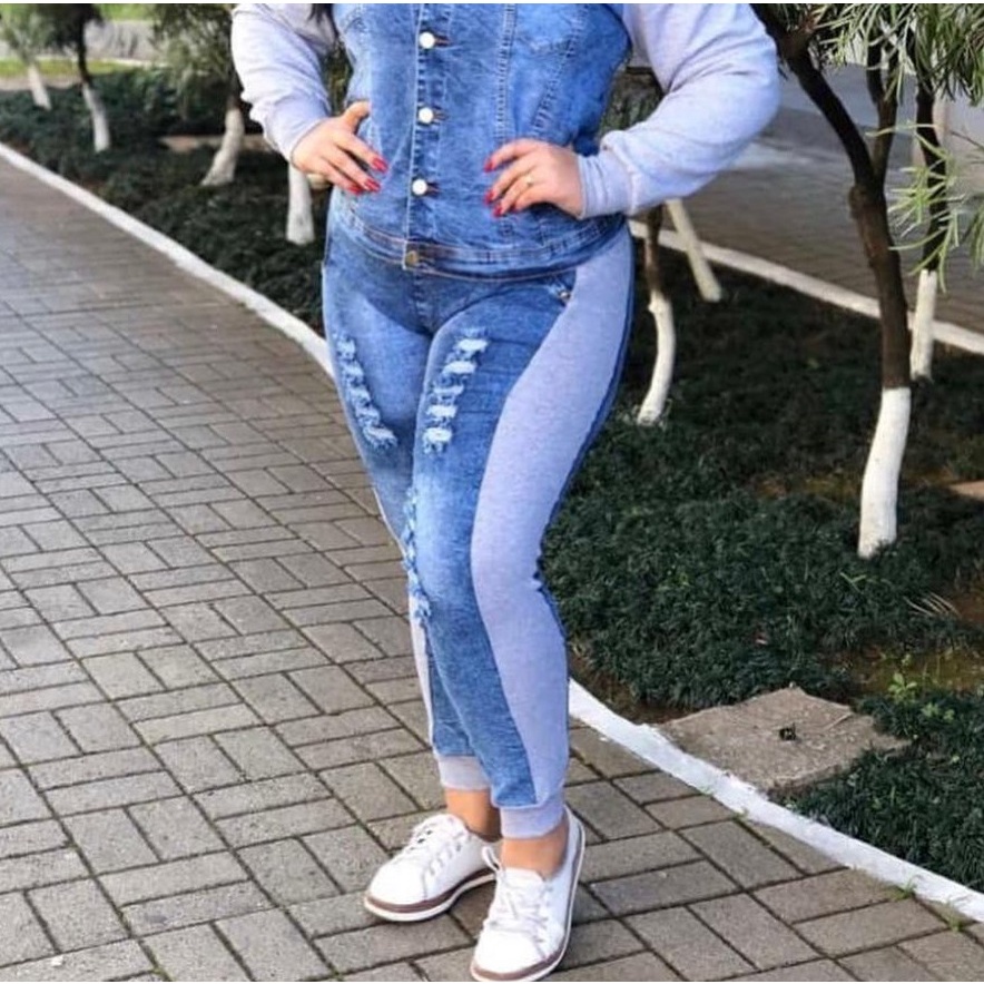 Calça fashion jeans com moletom plus size