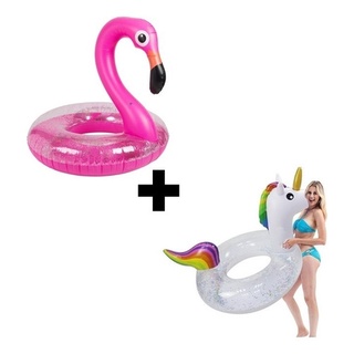 Kit Boia Unicórnio + Boia Flamingo Grande Piscina
