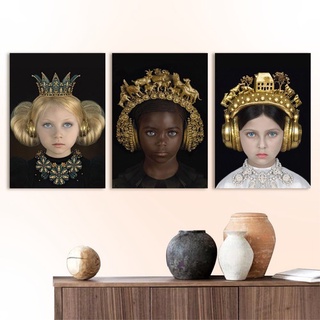Kit 3 Placas Quadros 28x40 Crianças Com Fone Dourado Luxo