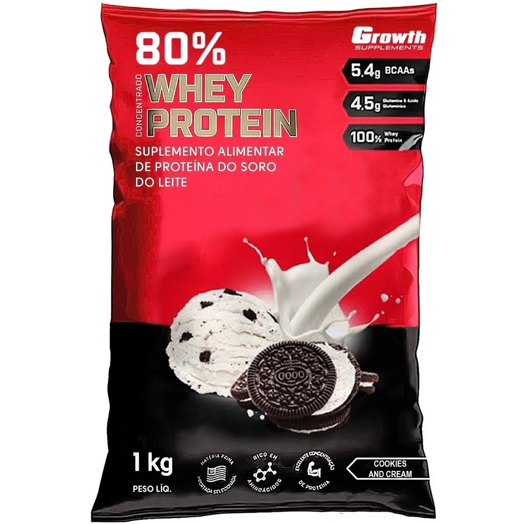 Whey Cookies And Cream Protein 80% Proteína Concentrado 1Kg Growth Suplementos Original