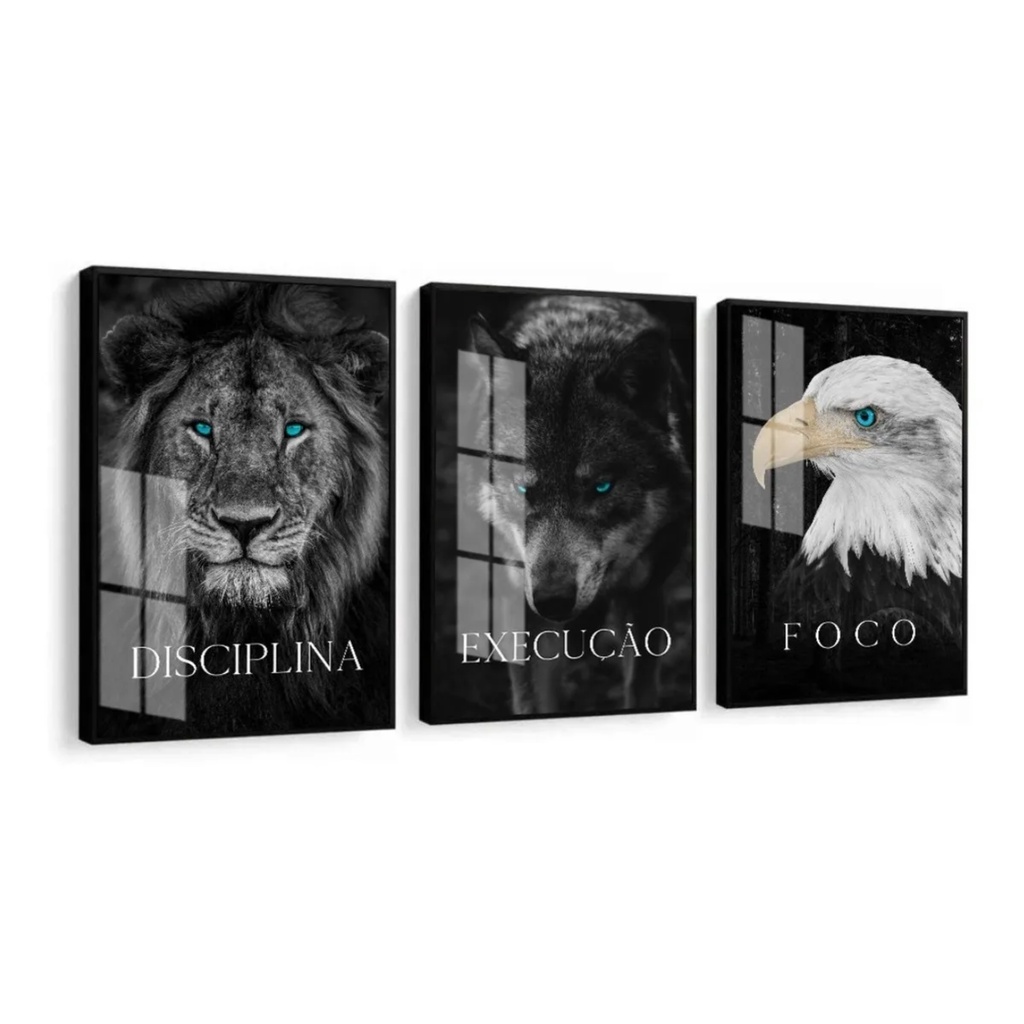 Kit 3 Quadros Decorativos Leão Animais Motivacional Moderno Para Sala Quarto Com Moldura e Vidro