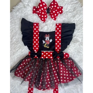 Jardineira Body Romper Salopete Baby Minnie Vermelho Tiara Mesversario Ensaio Temático Bunda Rica Com Laço Fantasia Bebe
