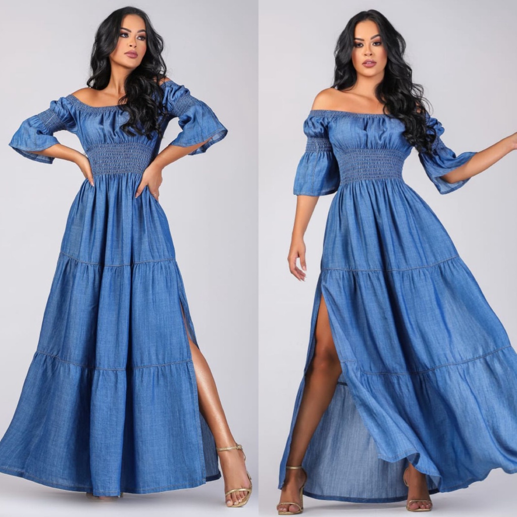 Vestido jeans 2024 longo ciganinha