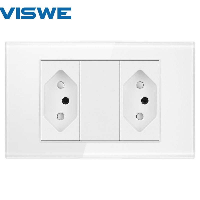 VISWE Brasil Padrão 2gangs 3 Pinos 10A Soquete , Branco/Preto/Cinza Pérola Cristal Painel De Vidro Sem Plugue 118mm * 72mm , no Logotipo