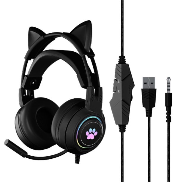 Cat Ear Pink PC Headphones Wired PS4 Gamer Headset With Microphone RGB LED Light for Phone