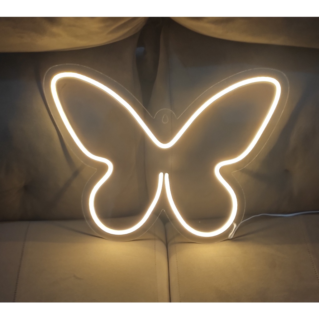 Placa Letreiro Luminoso Led Neon Borboleta Branco Quente