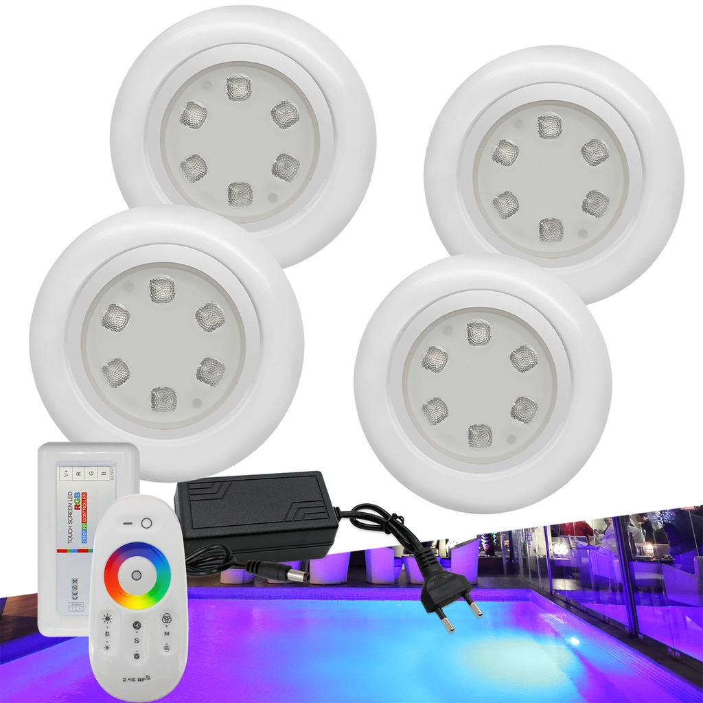Kit 4 Iluminação Piscina RGB SuperLeds + Módulo Com Fonte