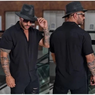 Camisa Slim Unissex Masculina Viscose Slim Fit Preta Alta Qualidade Tendência Moda 2024